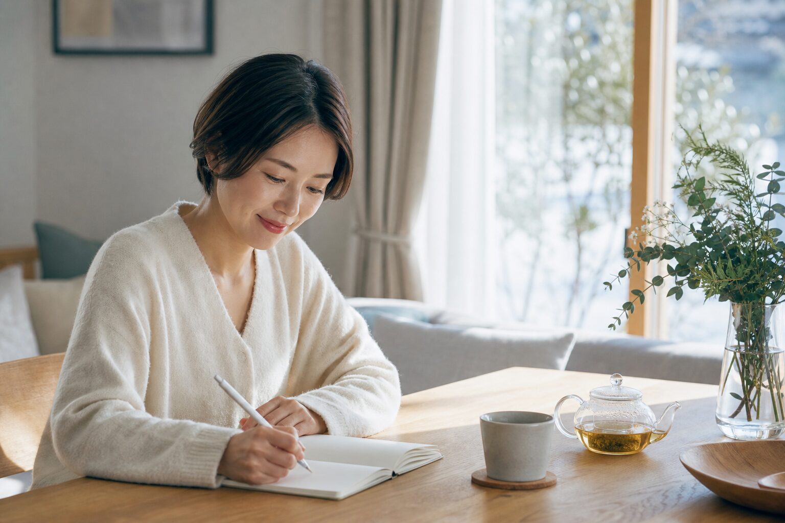 翌朝に心を整える計画をノートへ書く女性