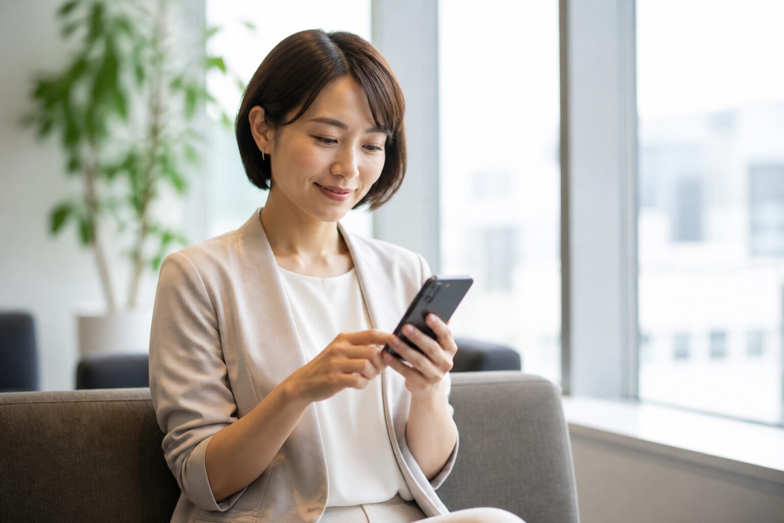 翌日に落ち着いて短いメッセージを送る女性