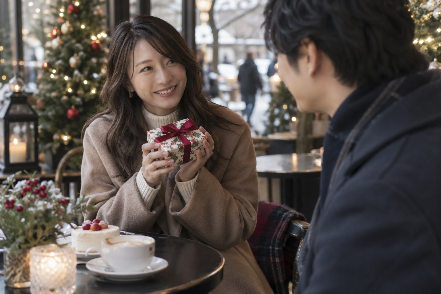 小さなプレゼントを持って話す女性
