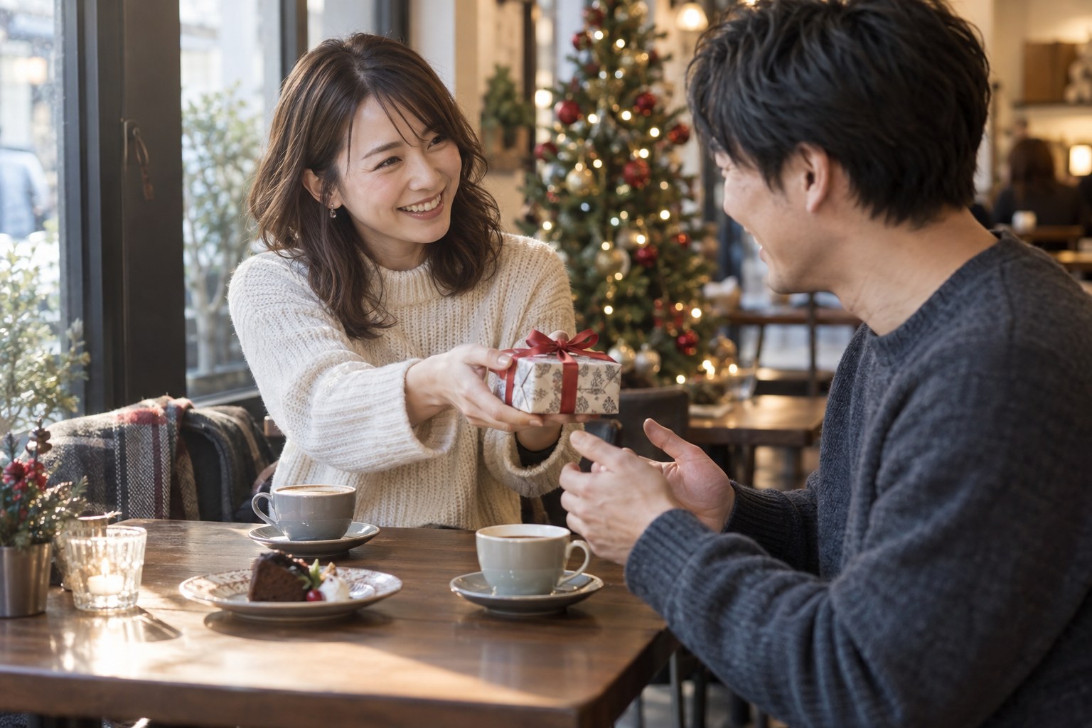 カフェで小さな贈り物を渡す女性