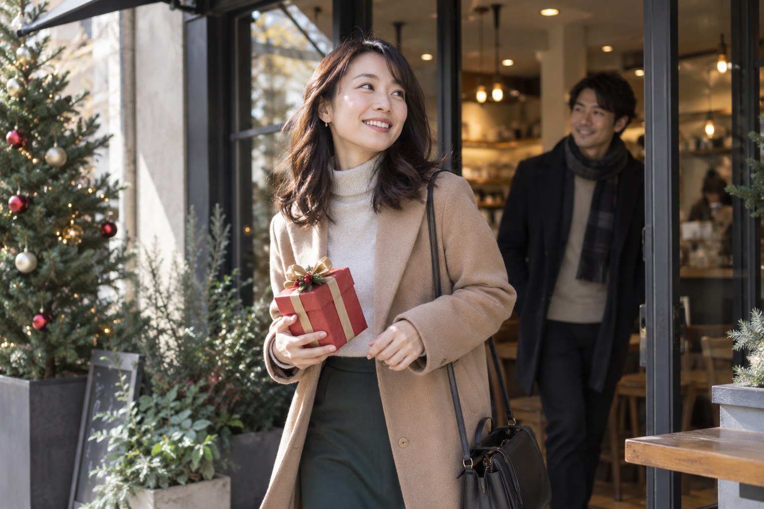 冬のカフェを出る女性
