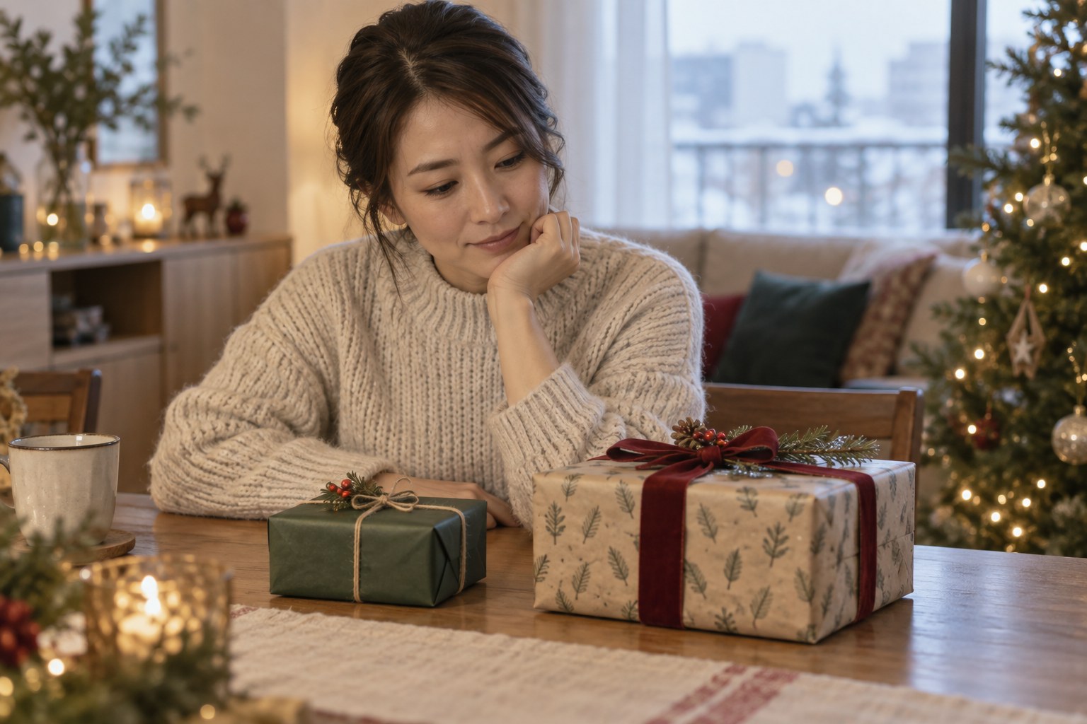 プレゼントを前に予算を考える女性