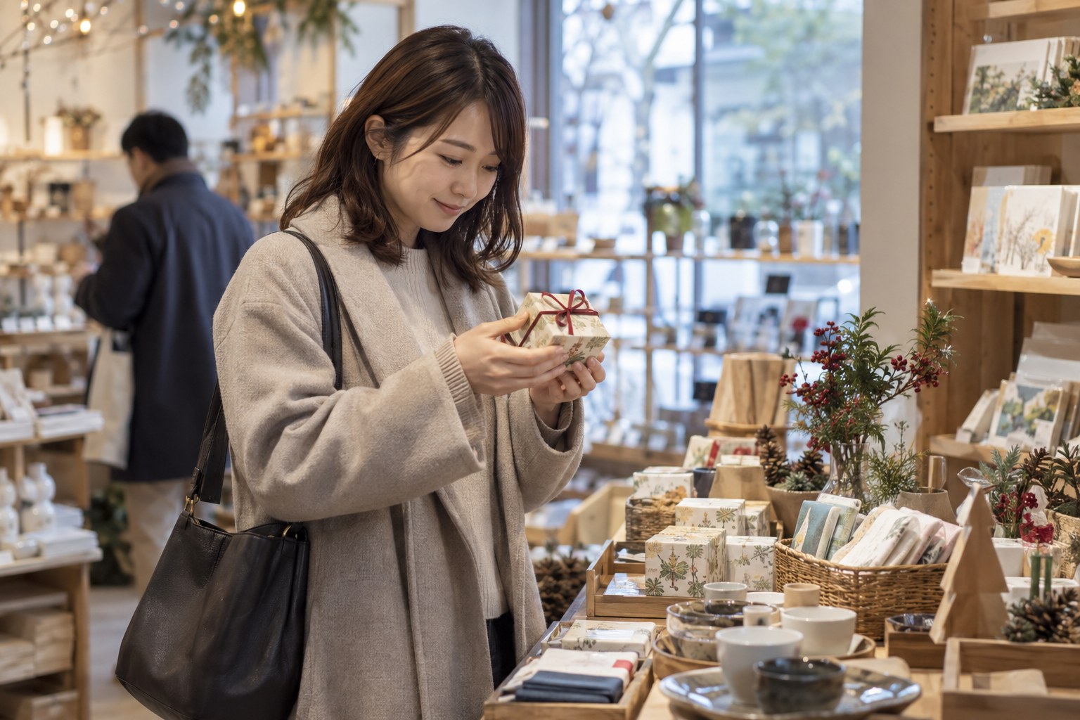小さな贈り物を店で選ぶ女性