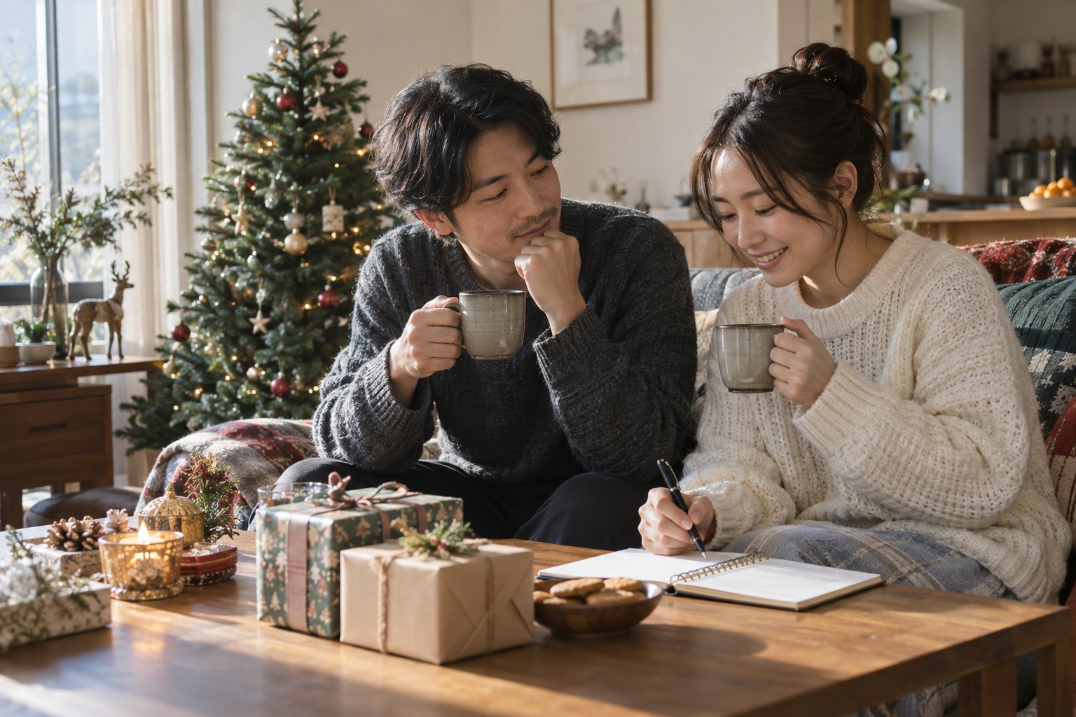 朝の室内でお茶を楽しむ男女