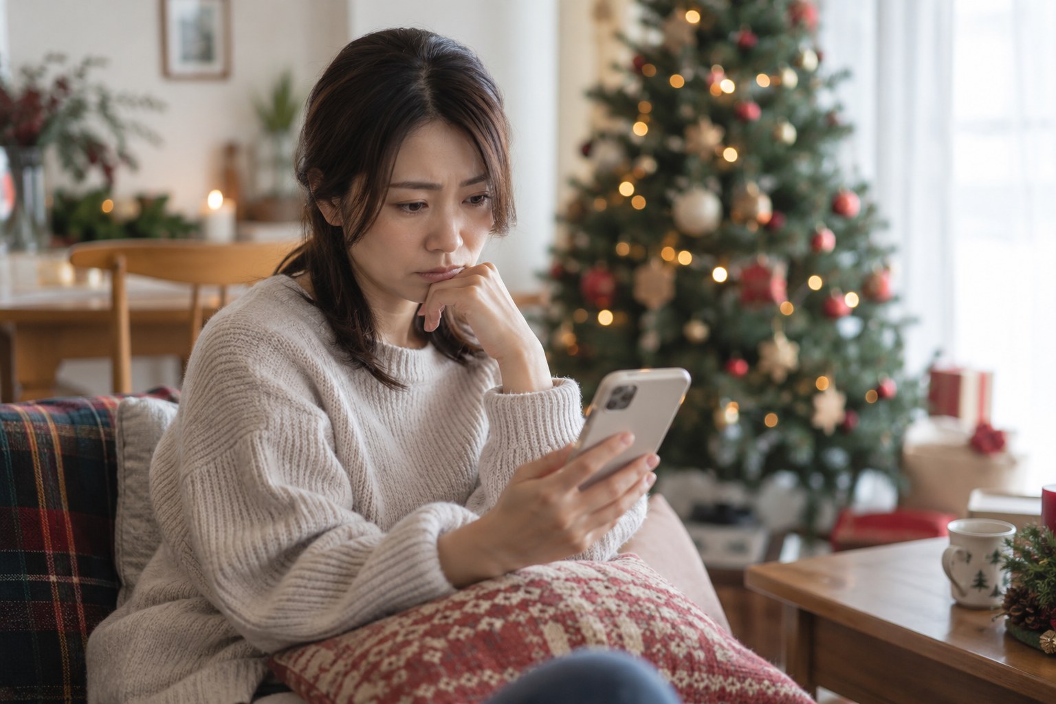 予定の連絡をスマートフォンで確認する女性
