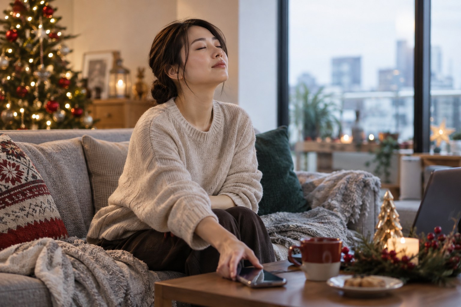 ソファでひと息つく女性