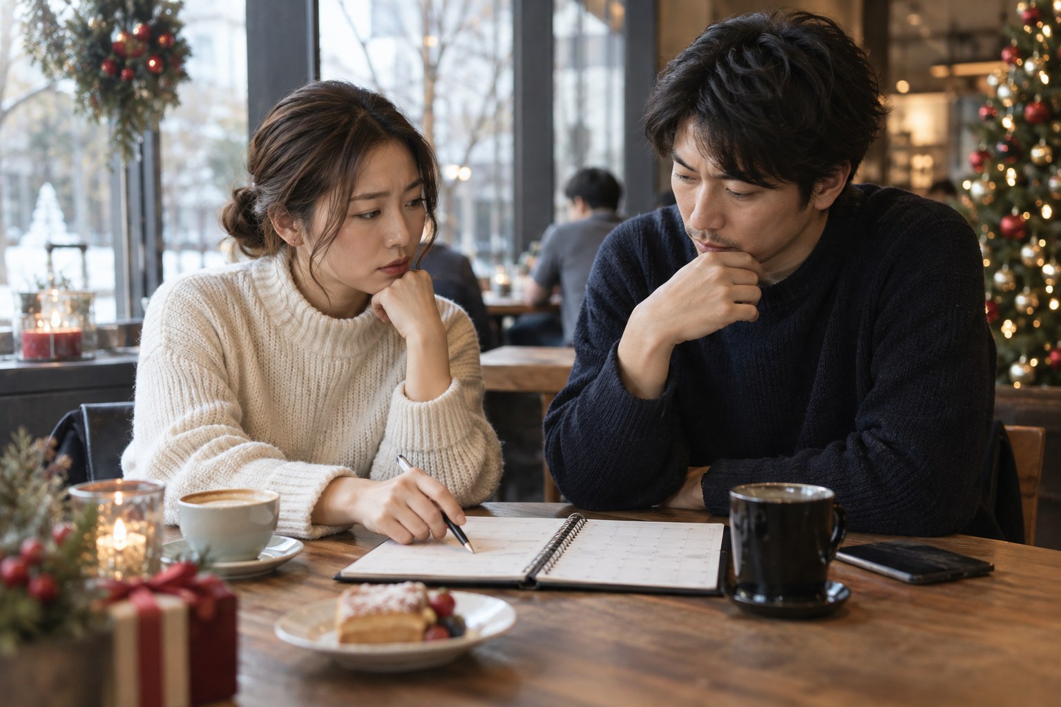 カフェで予定を相談する男女
