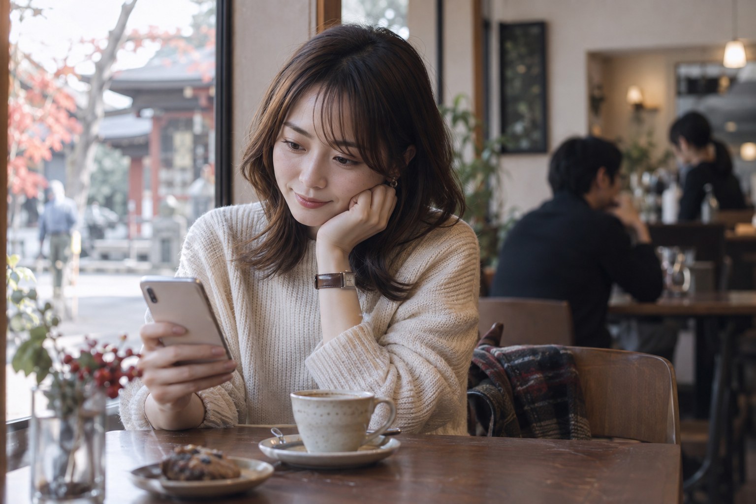 カフェで誘いの連絡を確認する女性