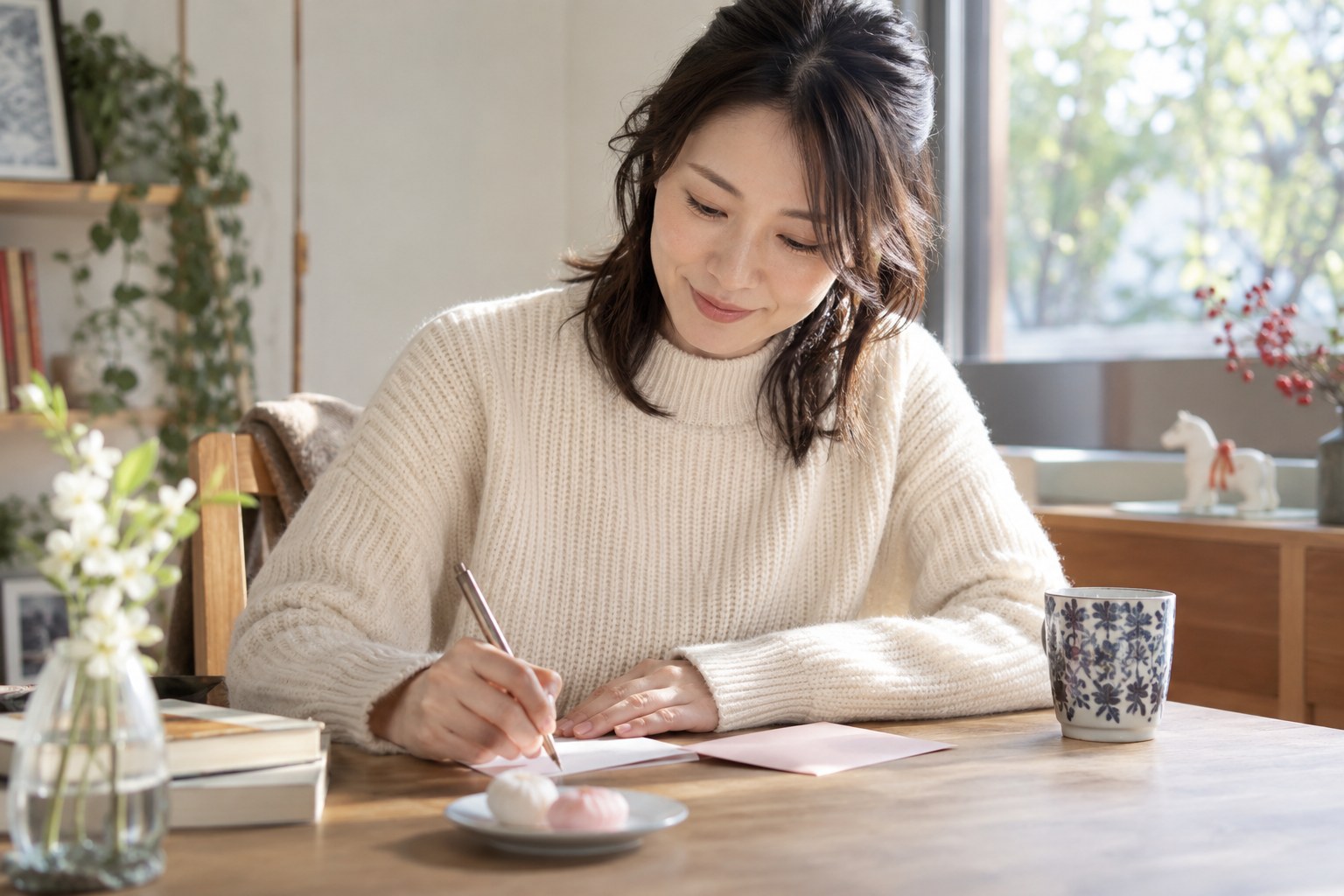 机でお礼の言葉を考える女性