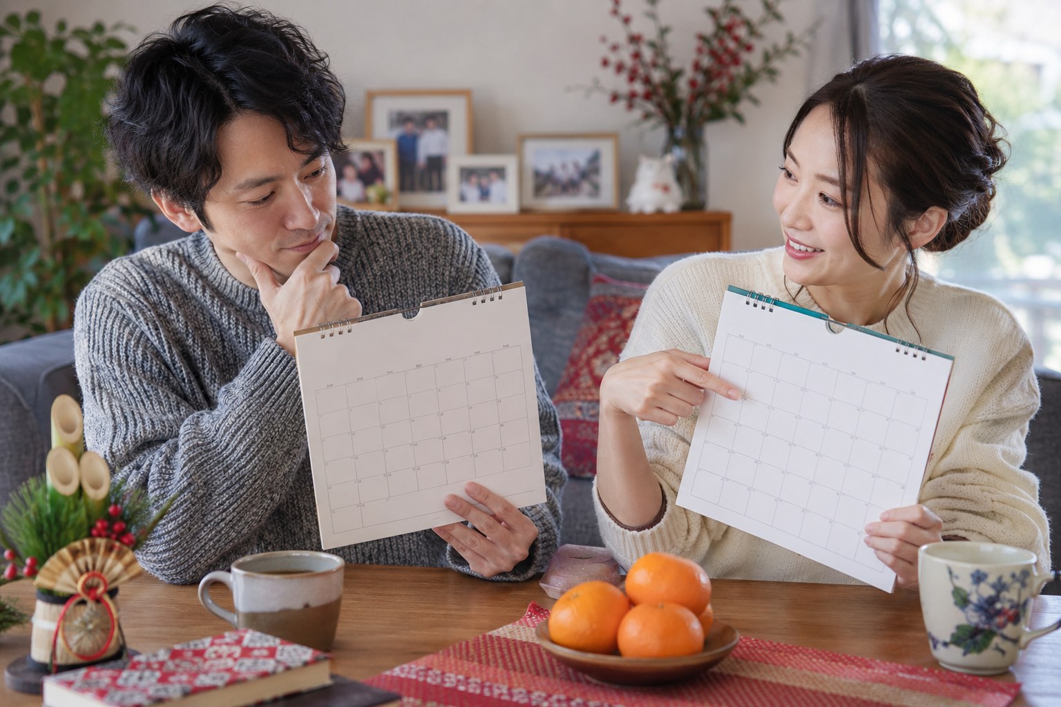 休日のカレンダーを比べる男女