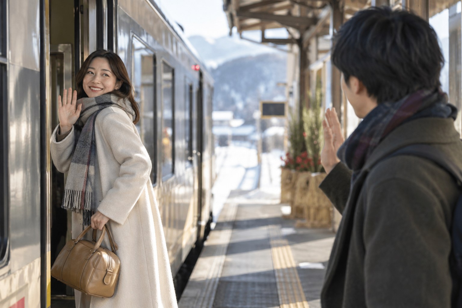 駅で小さなバッグを持つ女性