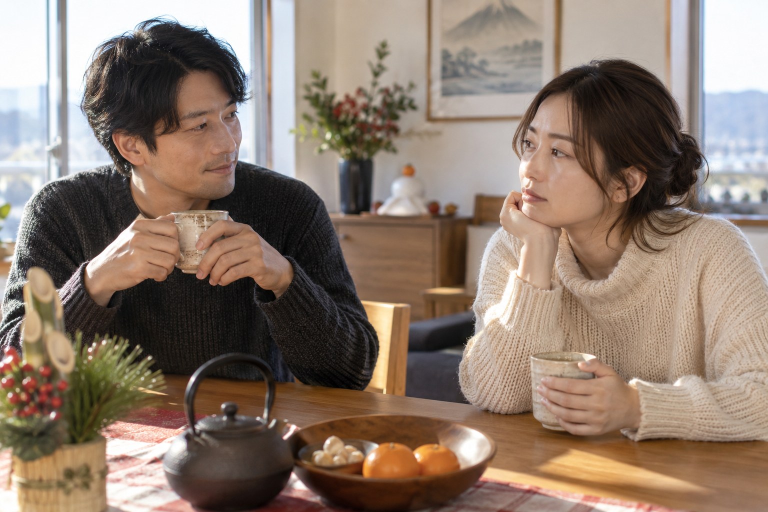 朝のお茶を飲みながら話す男女