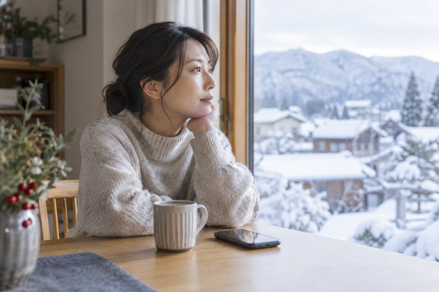 冬の窓辺で外を眺める女性