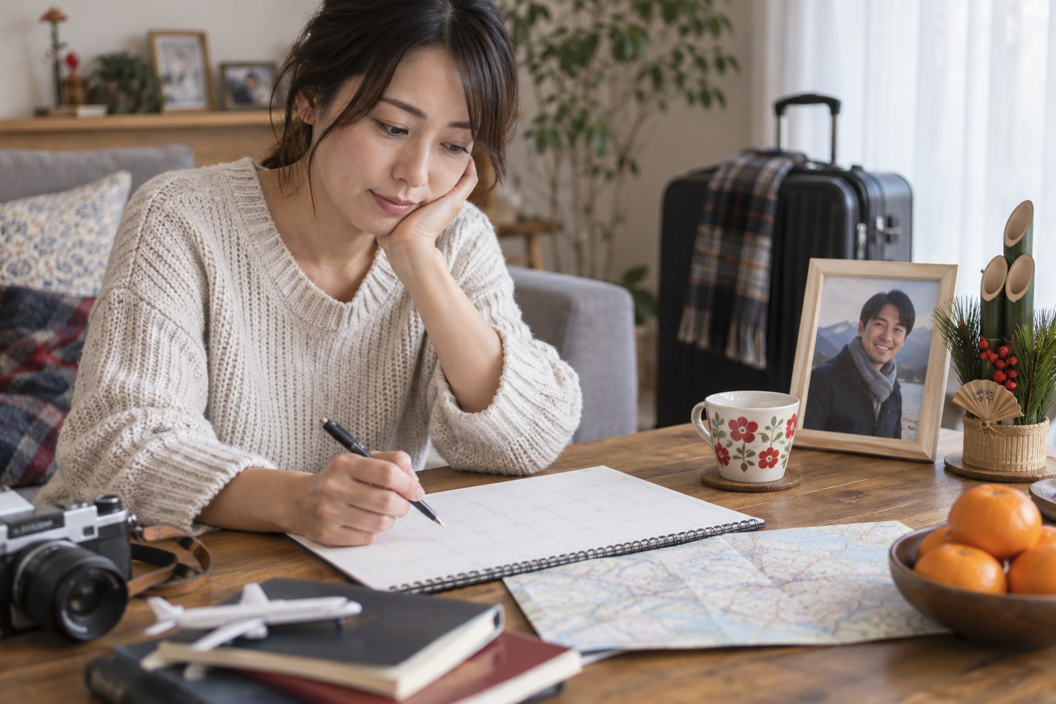 移動の予定をノートに整理する女性