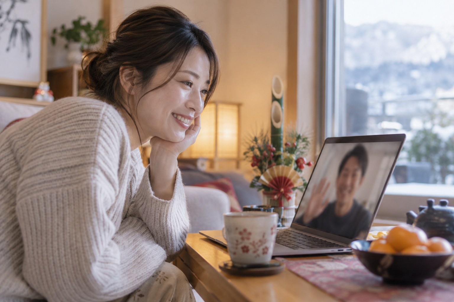 自宅でビデオ通話を楽しむ女性