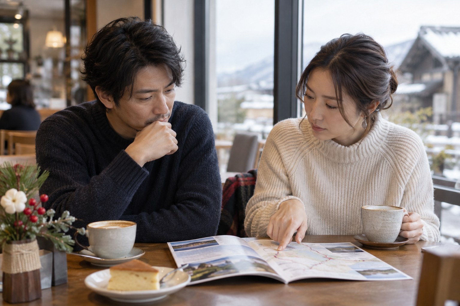 カフェで次の予定を相談する男女