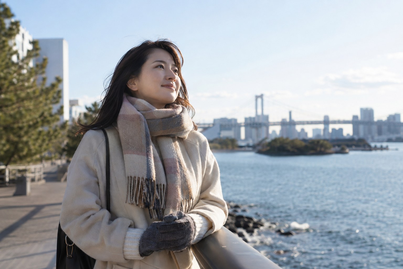 晴れた冬の日に散歩する女性