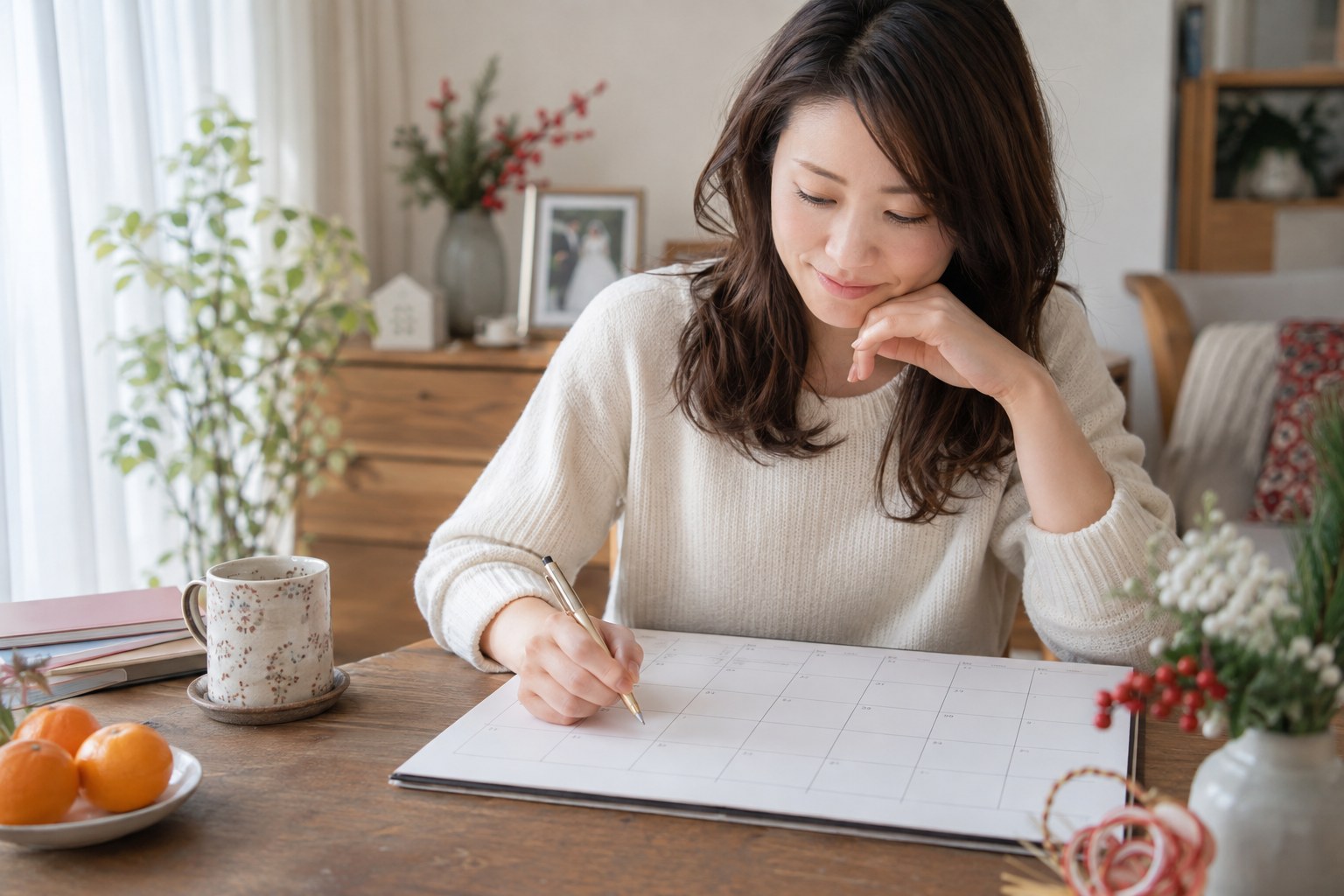 机で月の活動計画を整理する女性