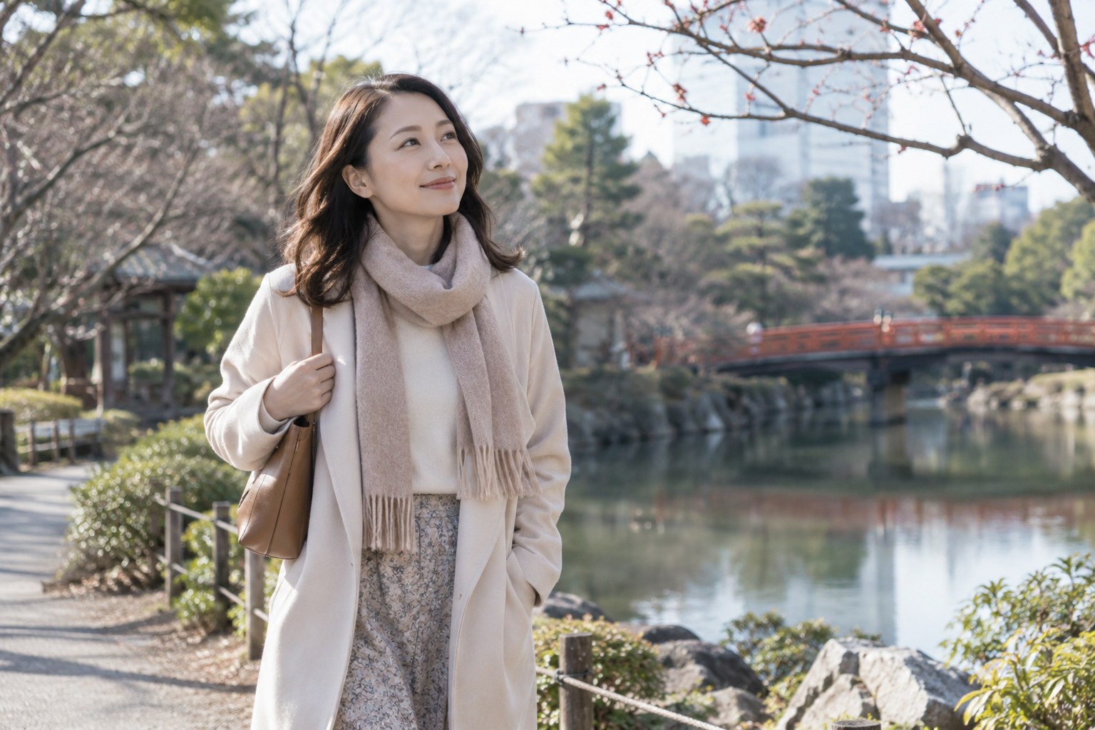 明るい公園で休息の散歩をする女性