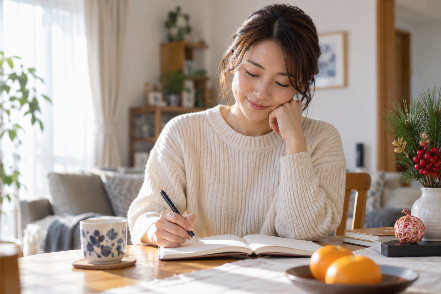 朝の机でノートを振り返る女性