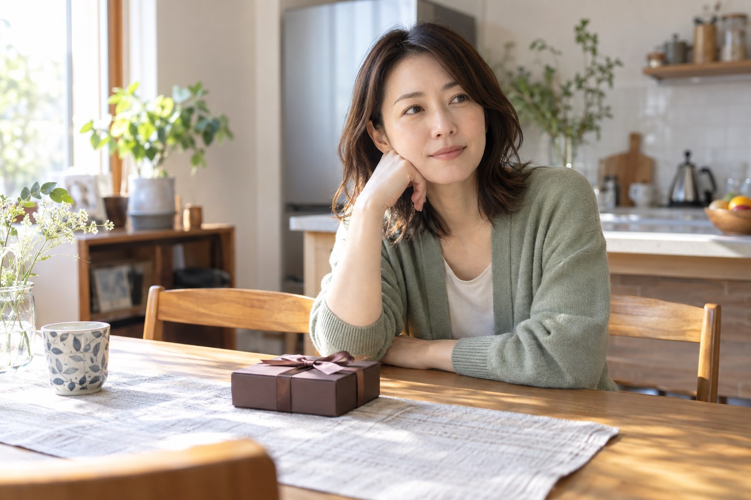 チョコの箱を前に贈り物を考える女性