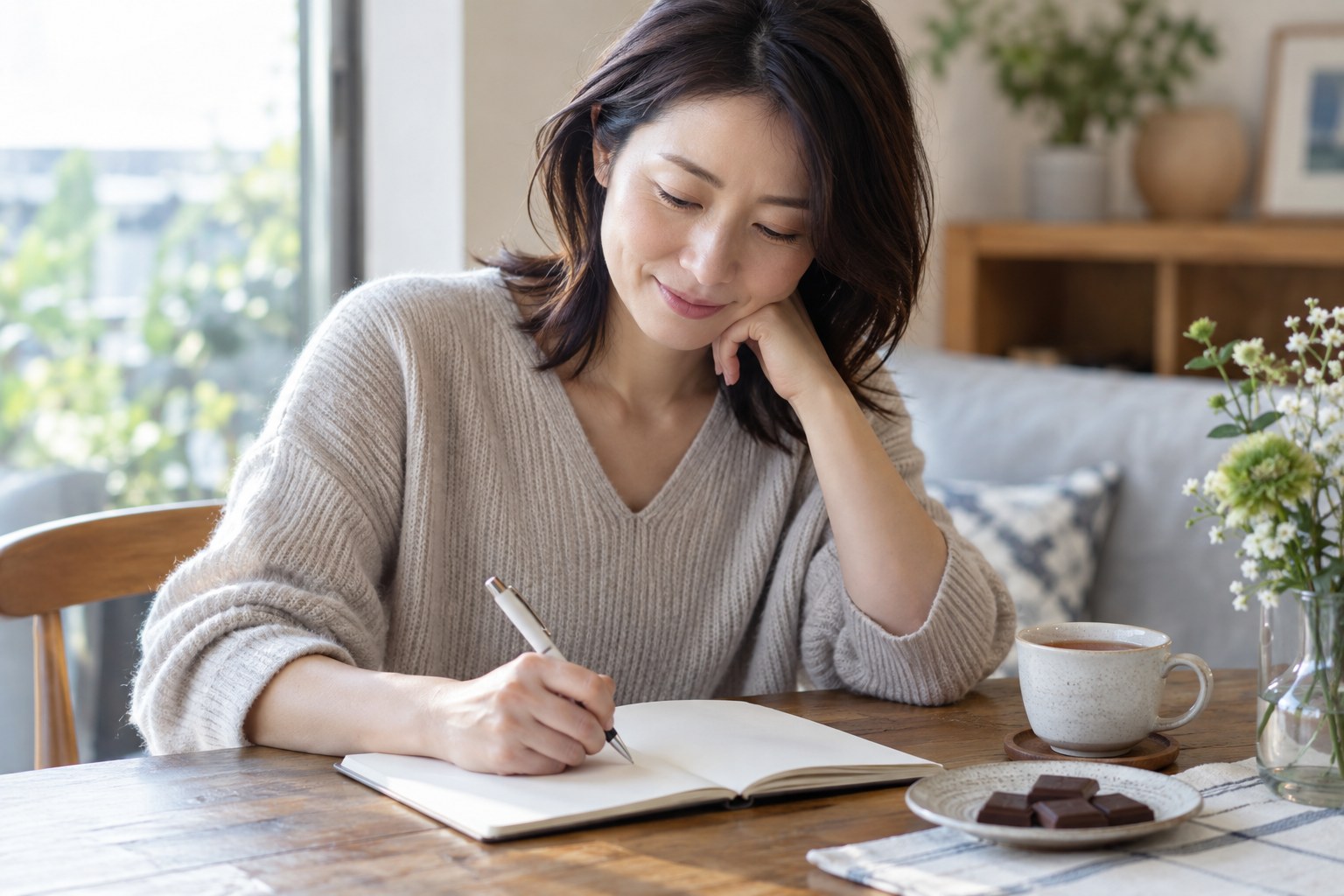 ノートにバレンタインの希望を書き出す女性