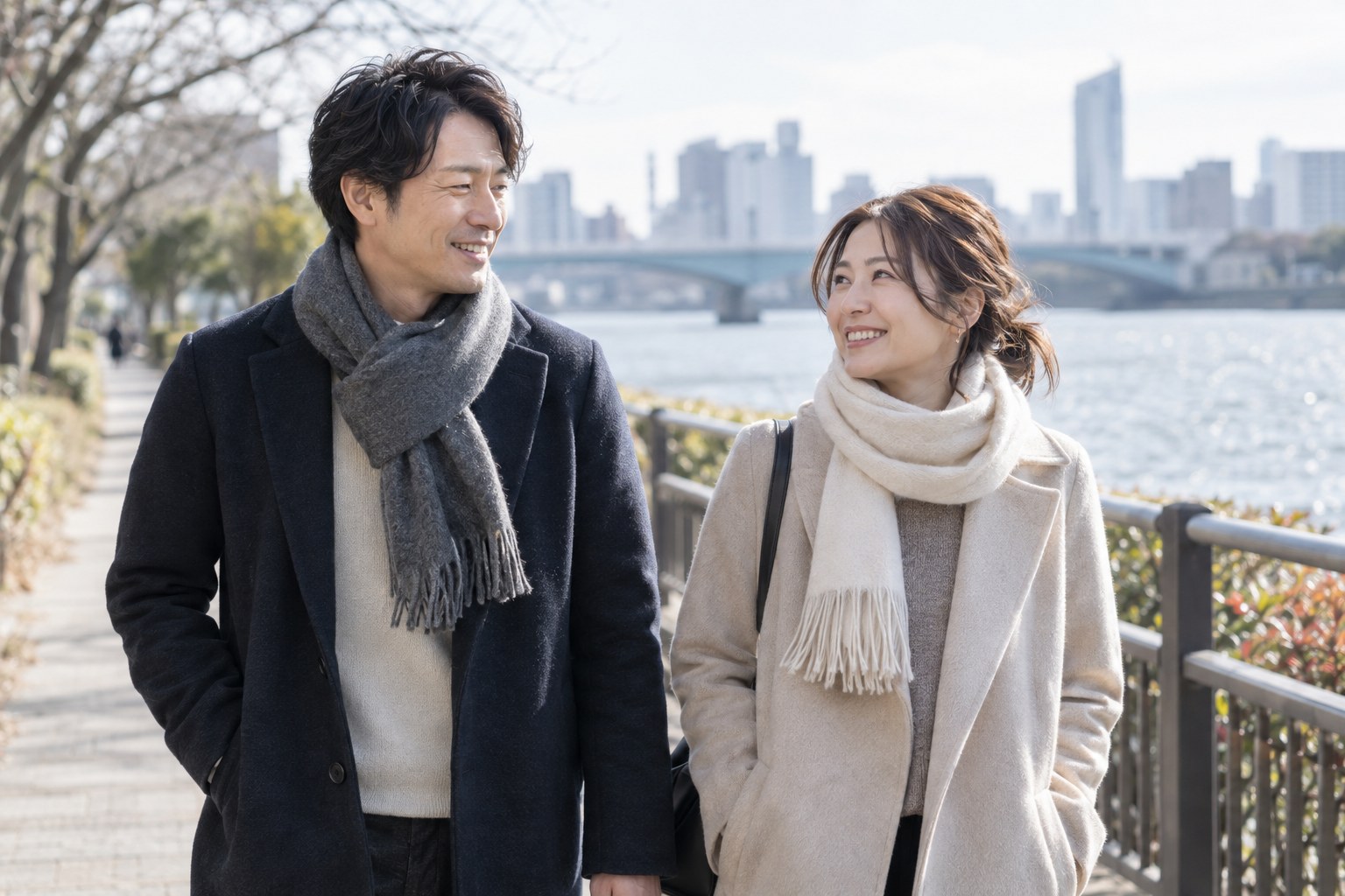 冬の日中に川沿いをゆっくり歩く二人