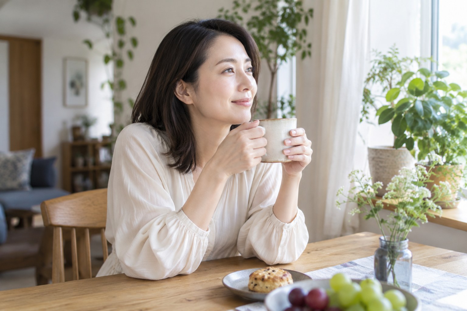 窓辺でお茶を飲み自分の時間を楽しむ女性