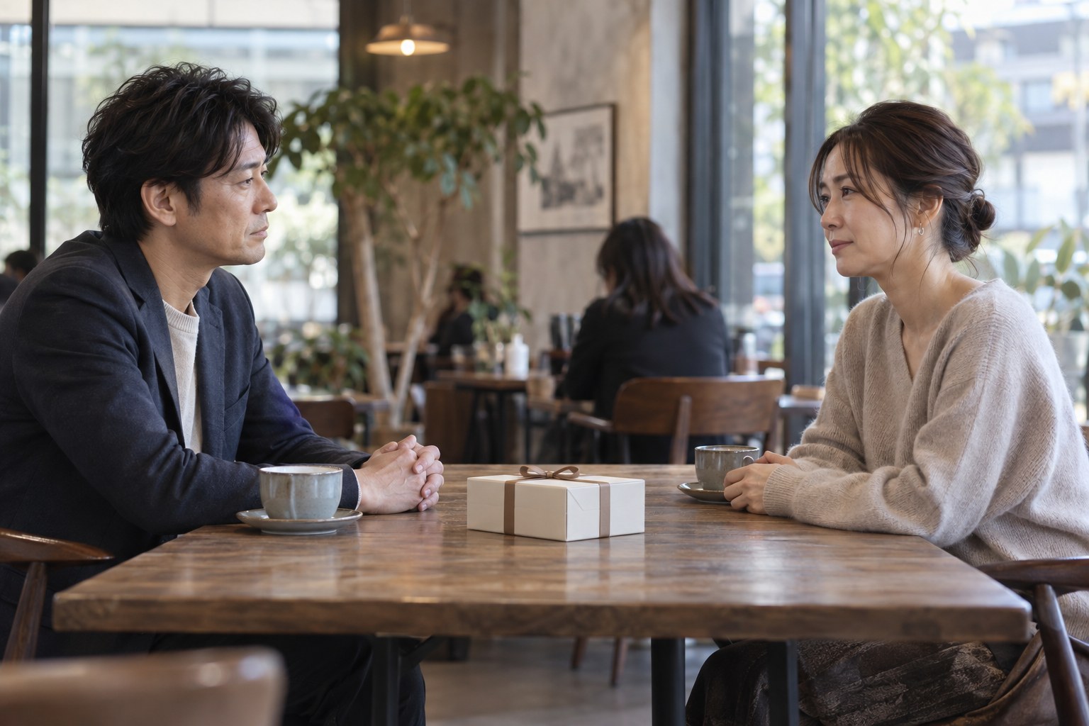 カフェで距離を保ちながら会話する二人
