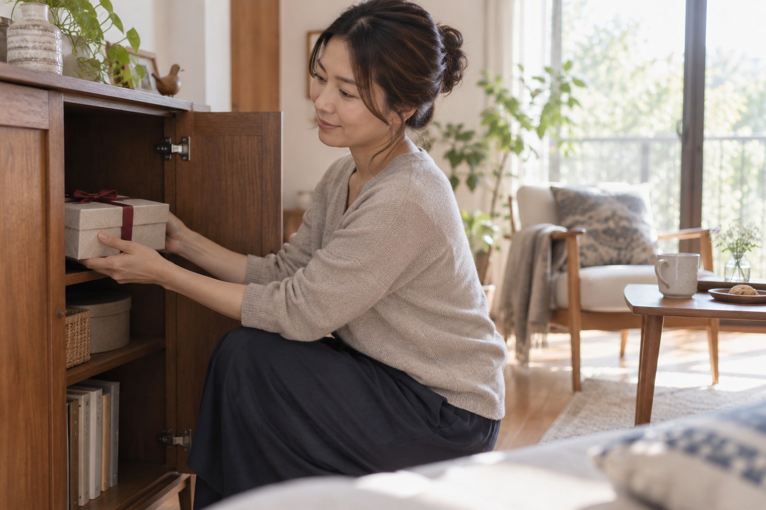 用意した箱をしまい自分の時間を選ぶ女性