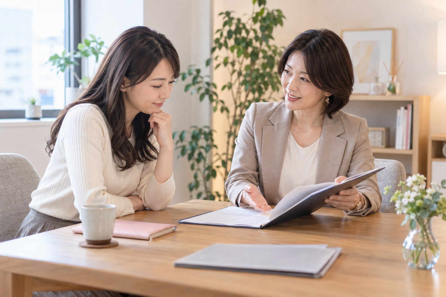 明るい相談室で担当者と話す女性