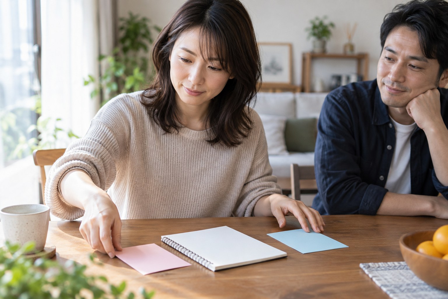二人でノートと予定を確認する様子
