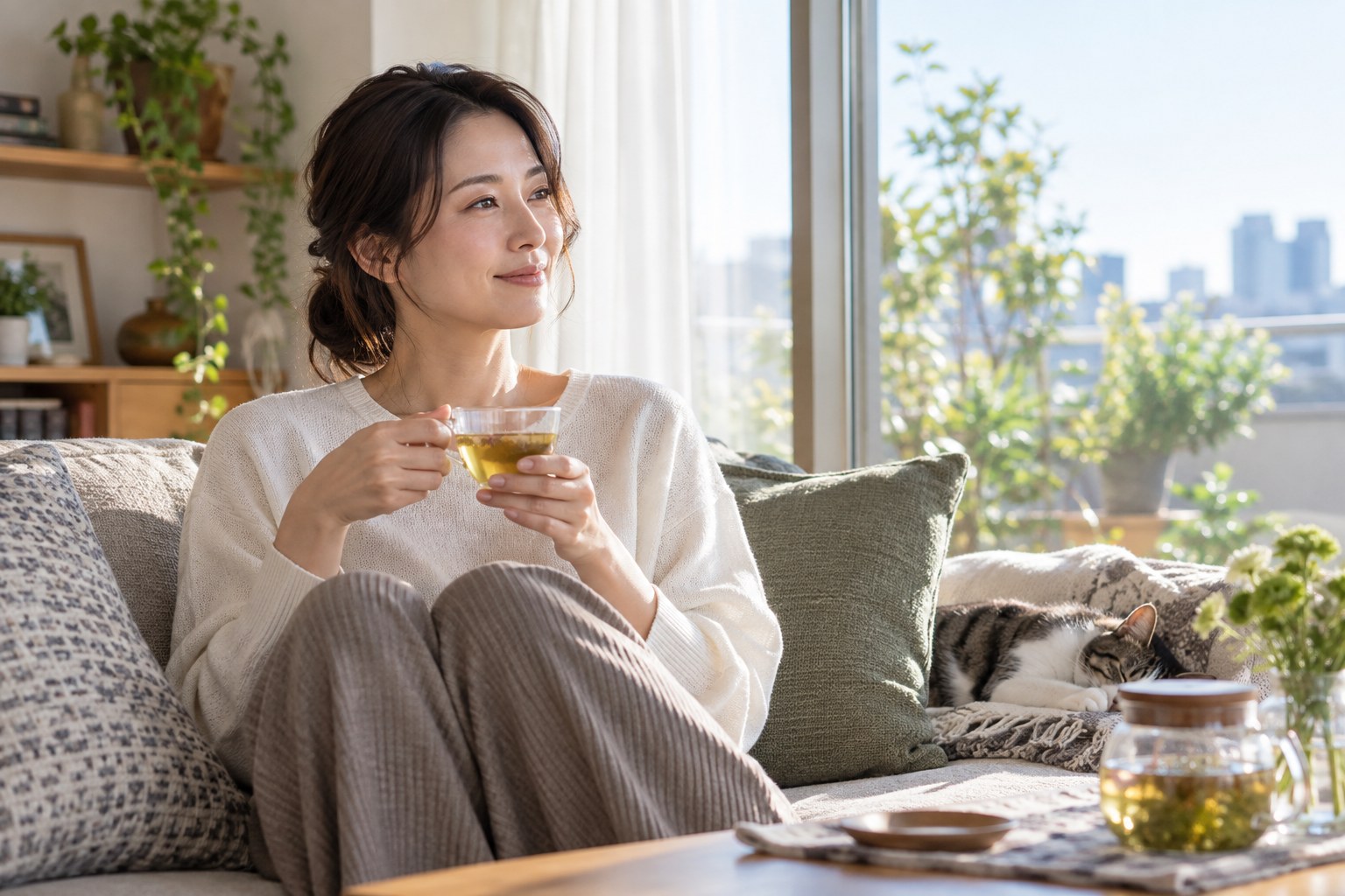 窓辺で休息を取りお茶を飲む女性