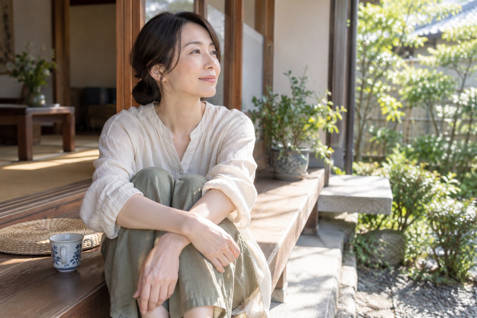 朝の日差しの中で落ち着いて座る女性