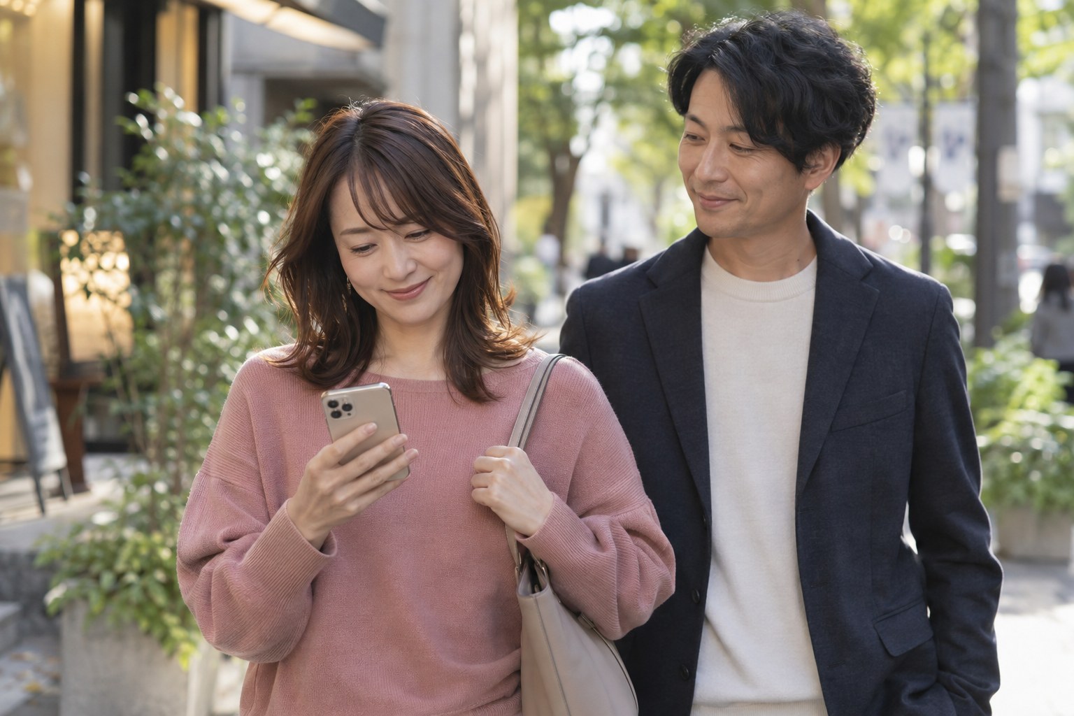 デートの帰りにスマートフォンを見る女性