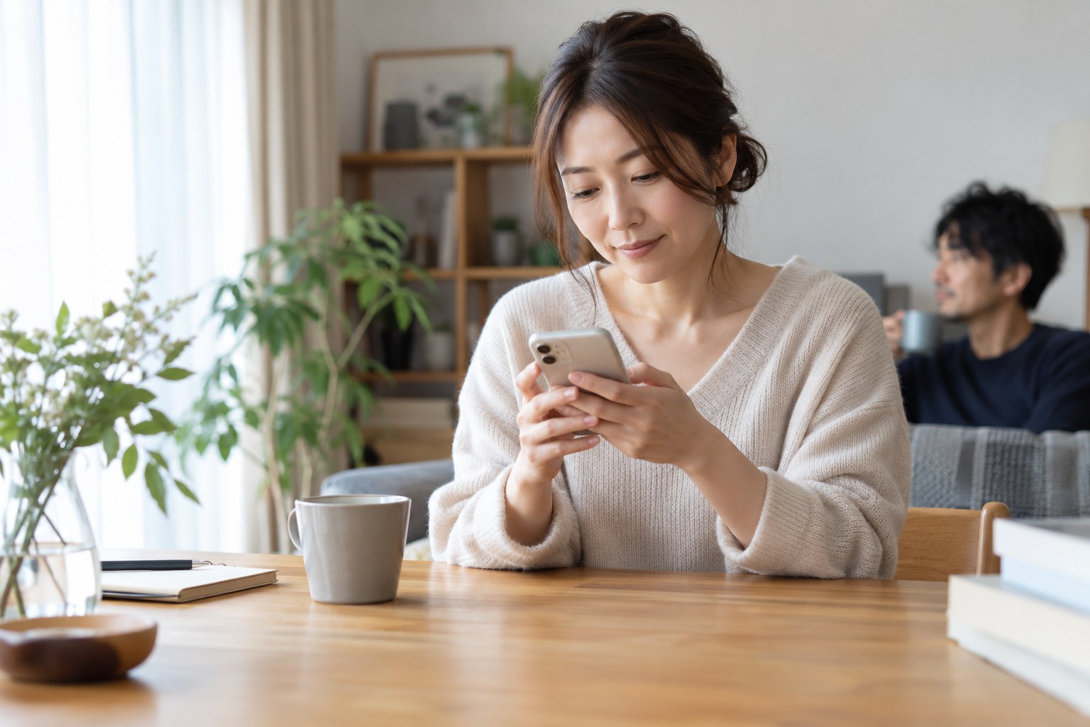 スマートフォンで短い連絡を考える女性