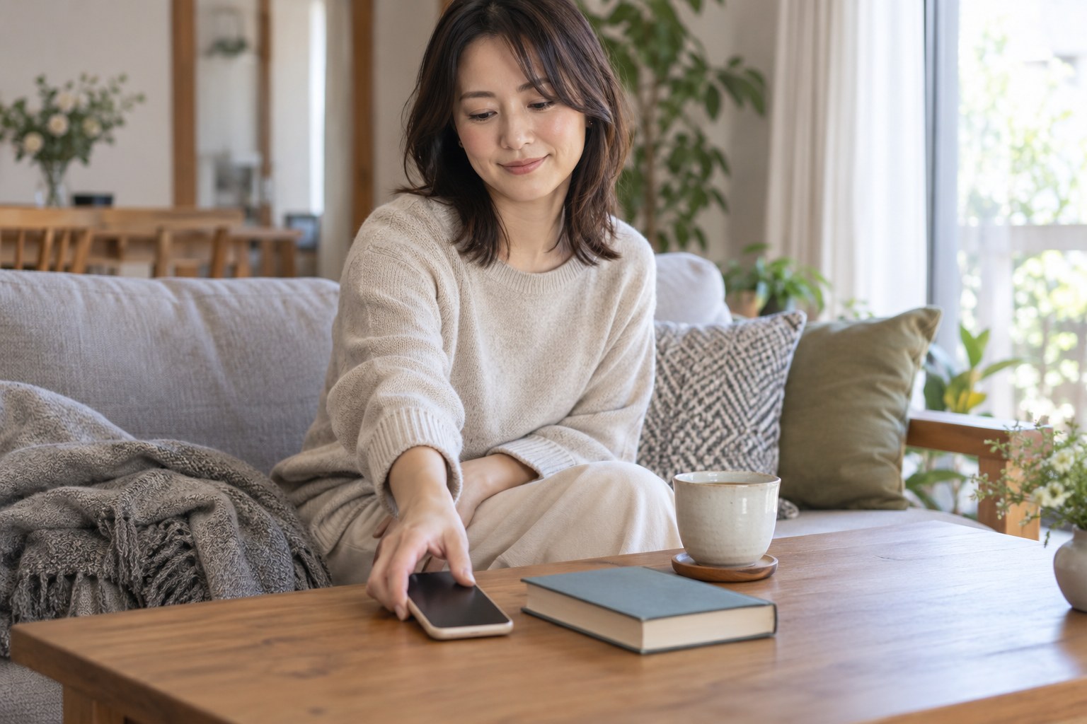 携帯電話を置き本とお茶でくつろぐ女性