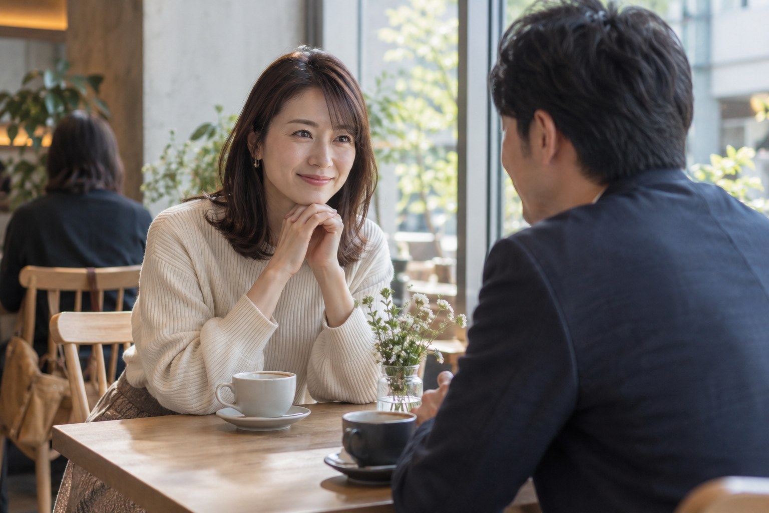 カフェで向き合い会話を楽しむ二人