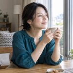 窓辺で休息を取り気持ちを落ち着ける女性