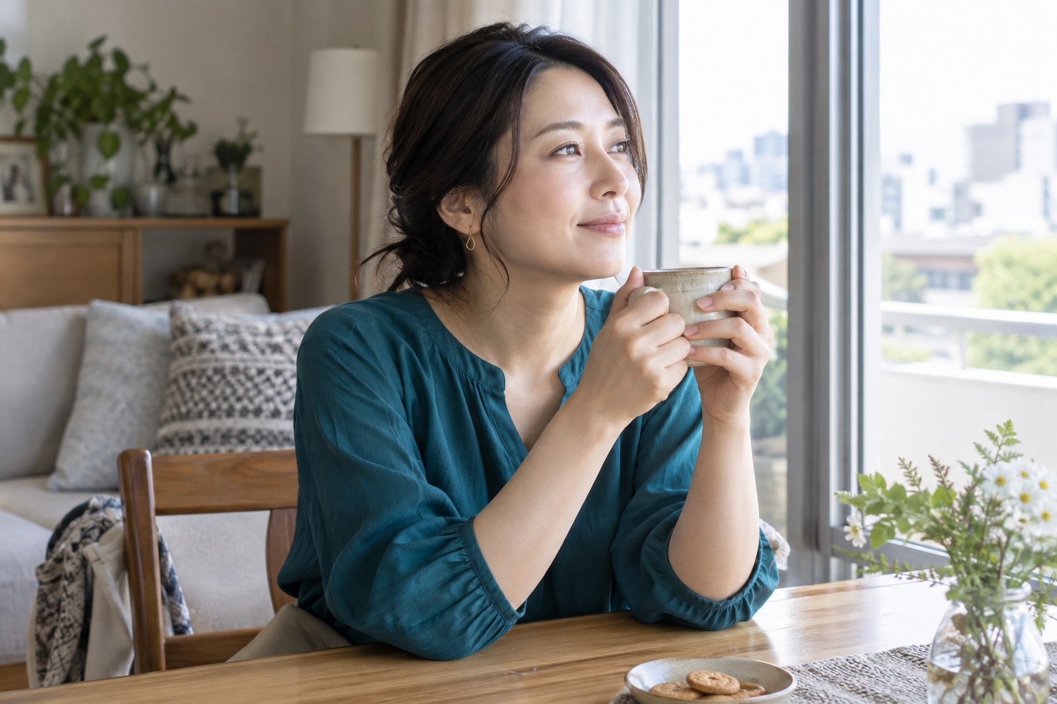 窓辺で休息を取り気持ちを落ち着ける女性