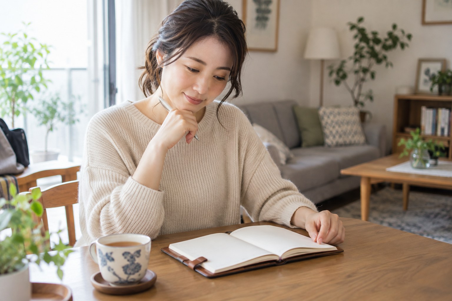 帰宅後にノートを見ながらデートを振り返る女性
