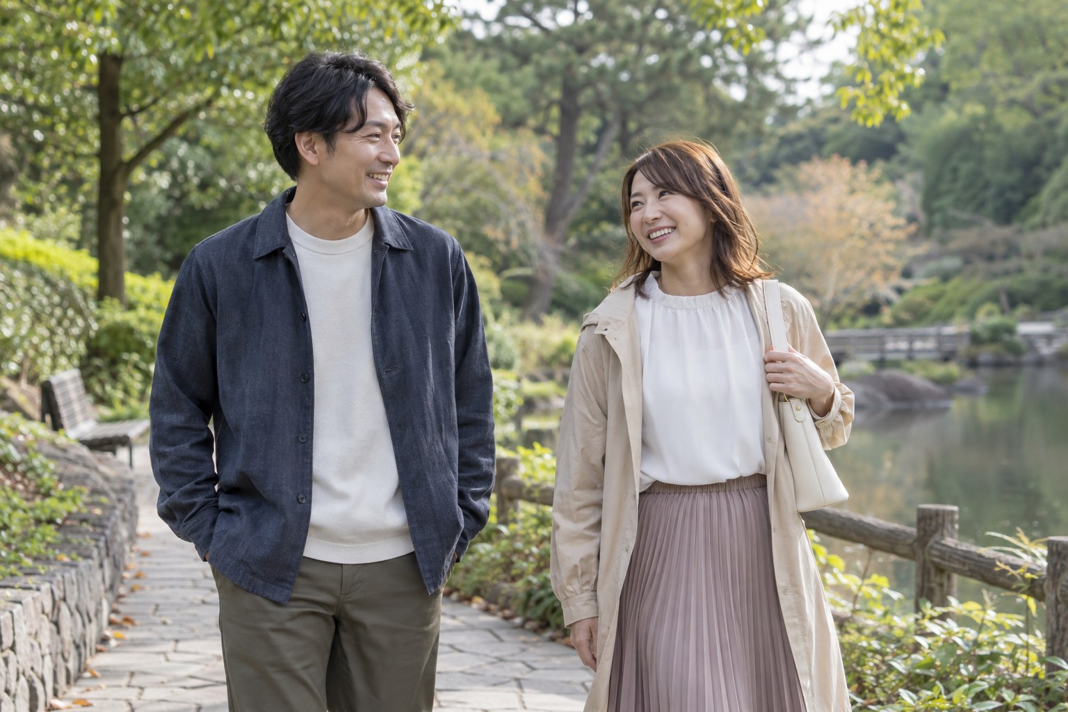 静かな公園を短く散歩する二人