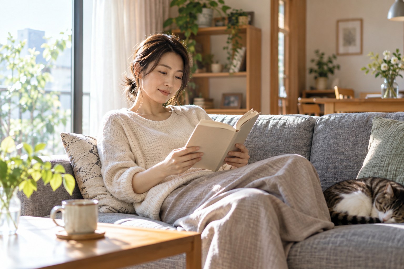 日差しのあるソファで本を読む女性