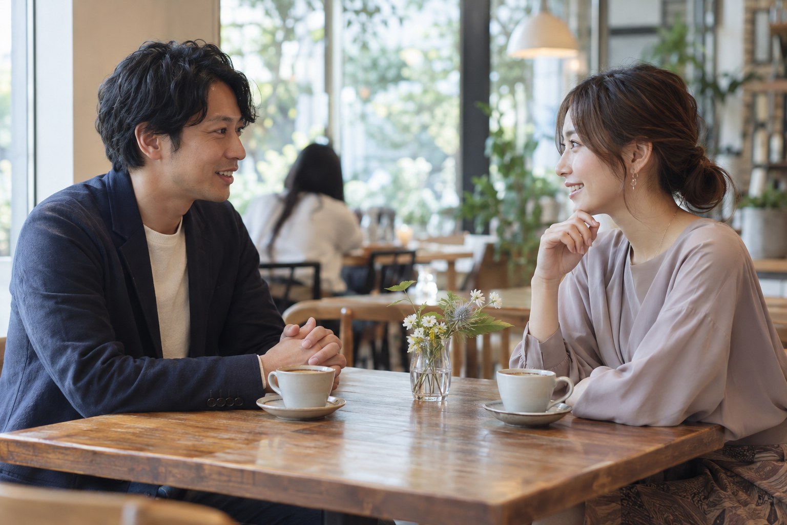 カフェで少し改まって会話する二人
