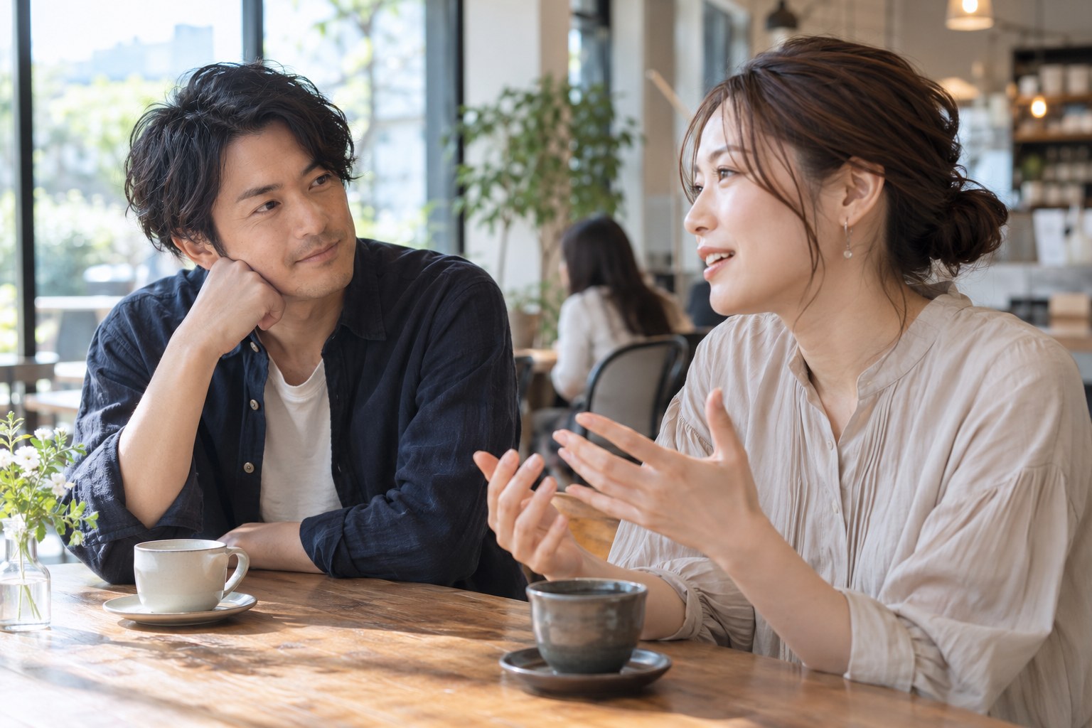 相手の希望を丁寧に聞きながら会話する二人