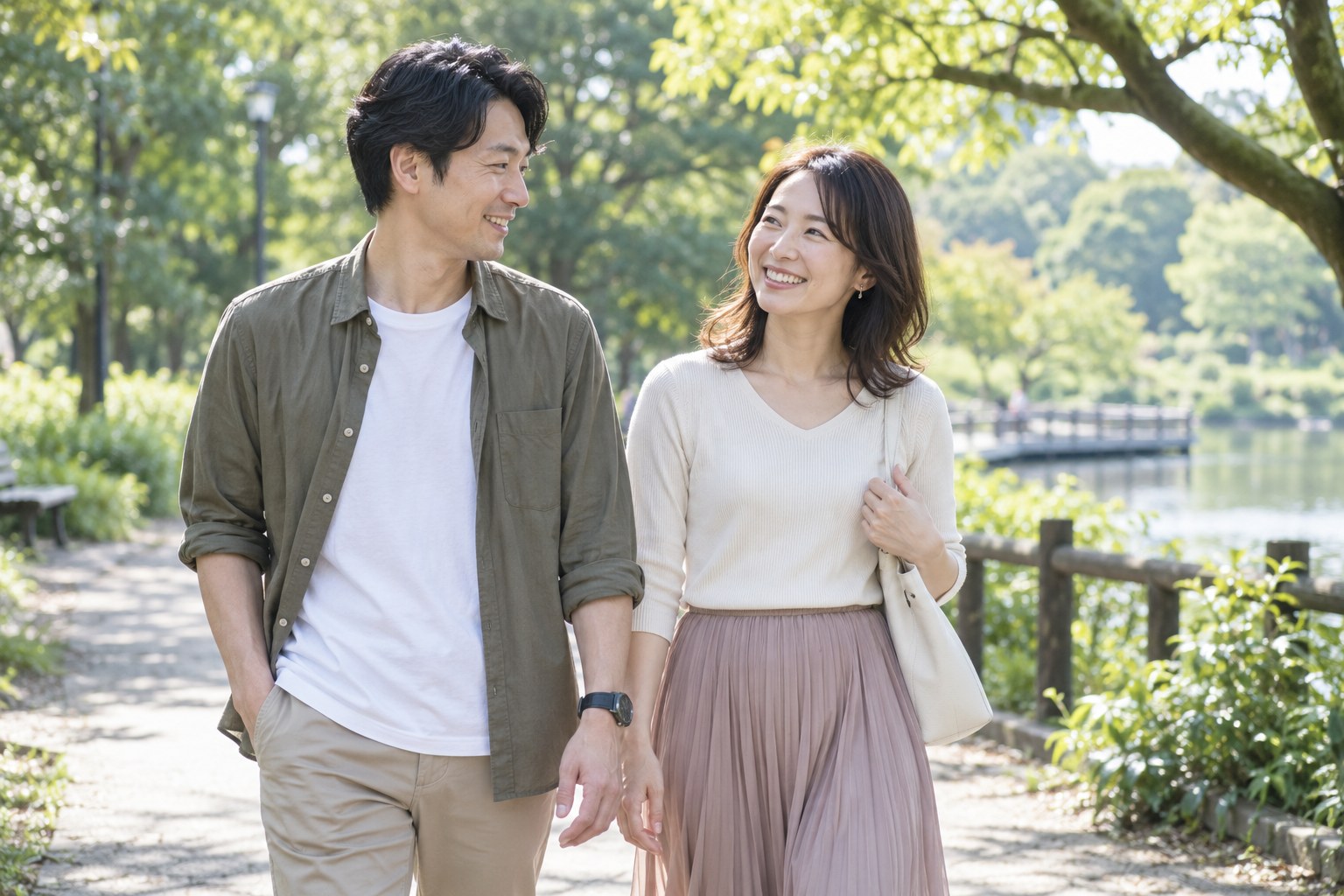 日中の公園を自然な表情で歩く二人