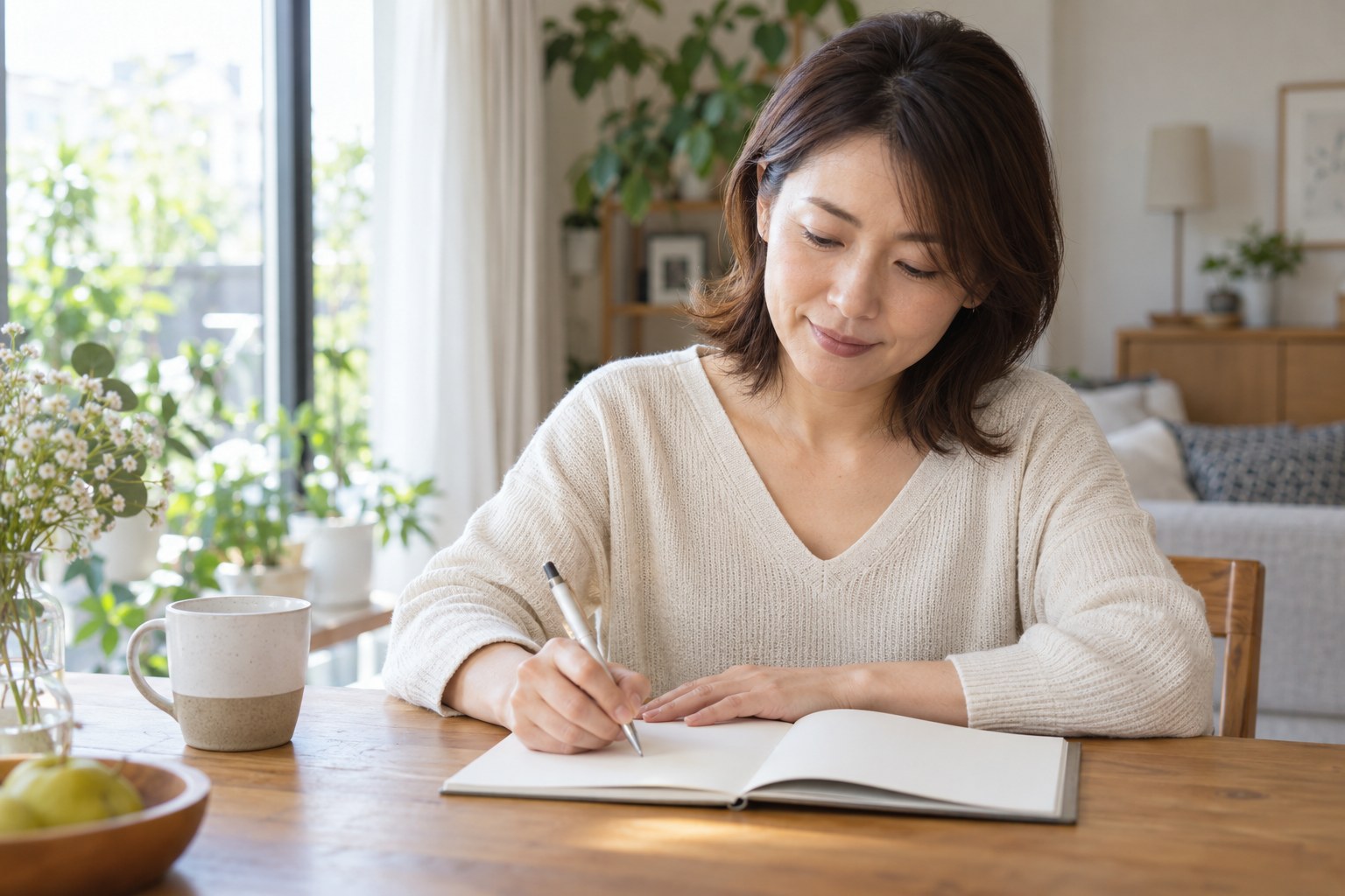 ノートに希望する暮らしを書く女性