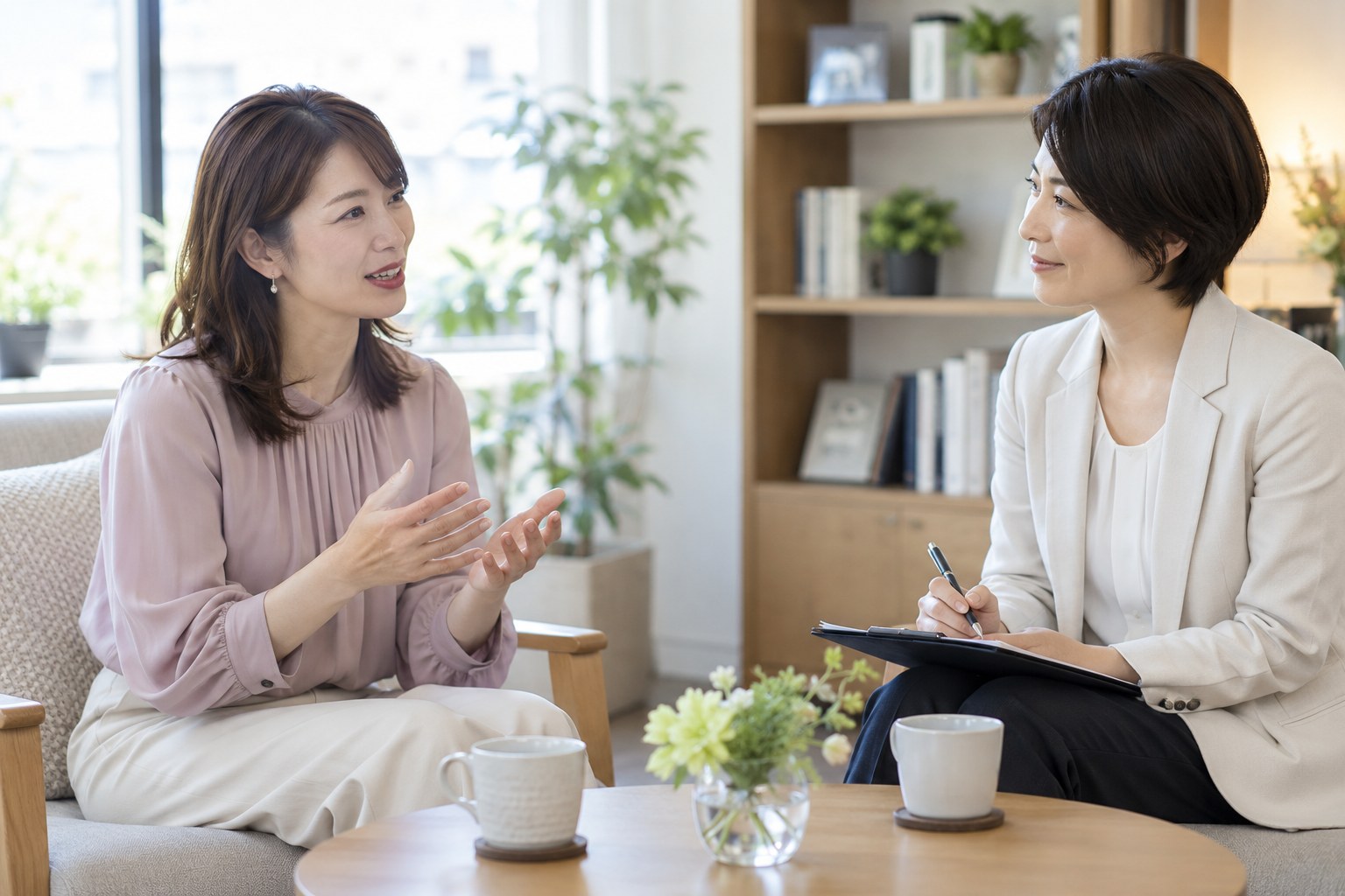 相談室で自分の希望を担当者に伝える女性