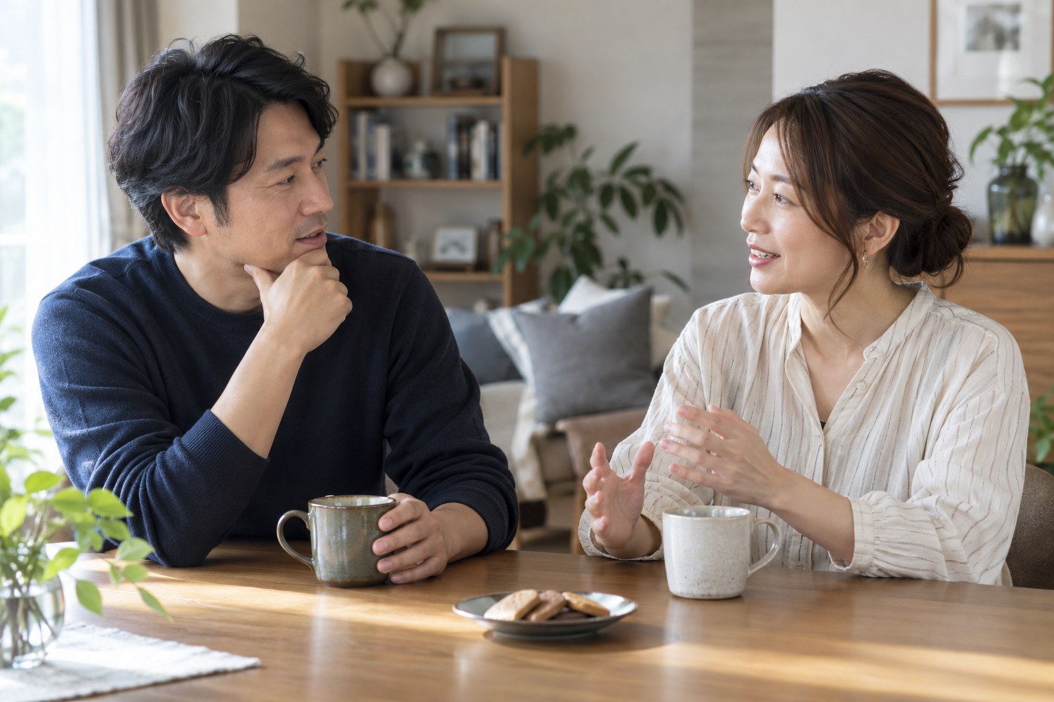 食卓で将来の生活を対等に話し合う二人