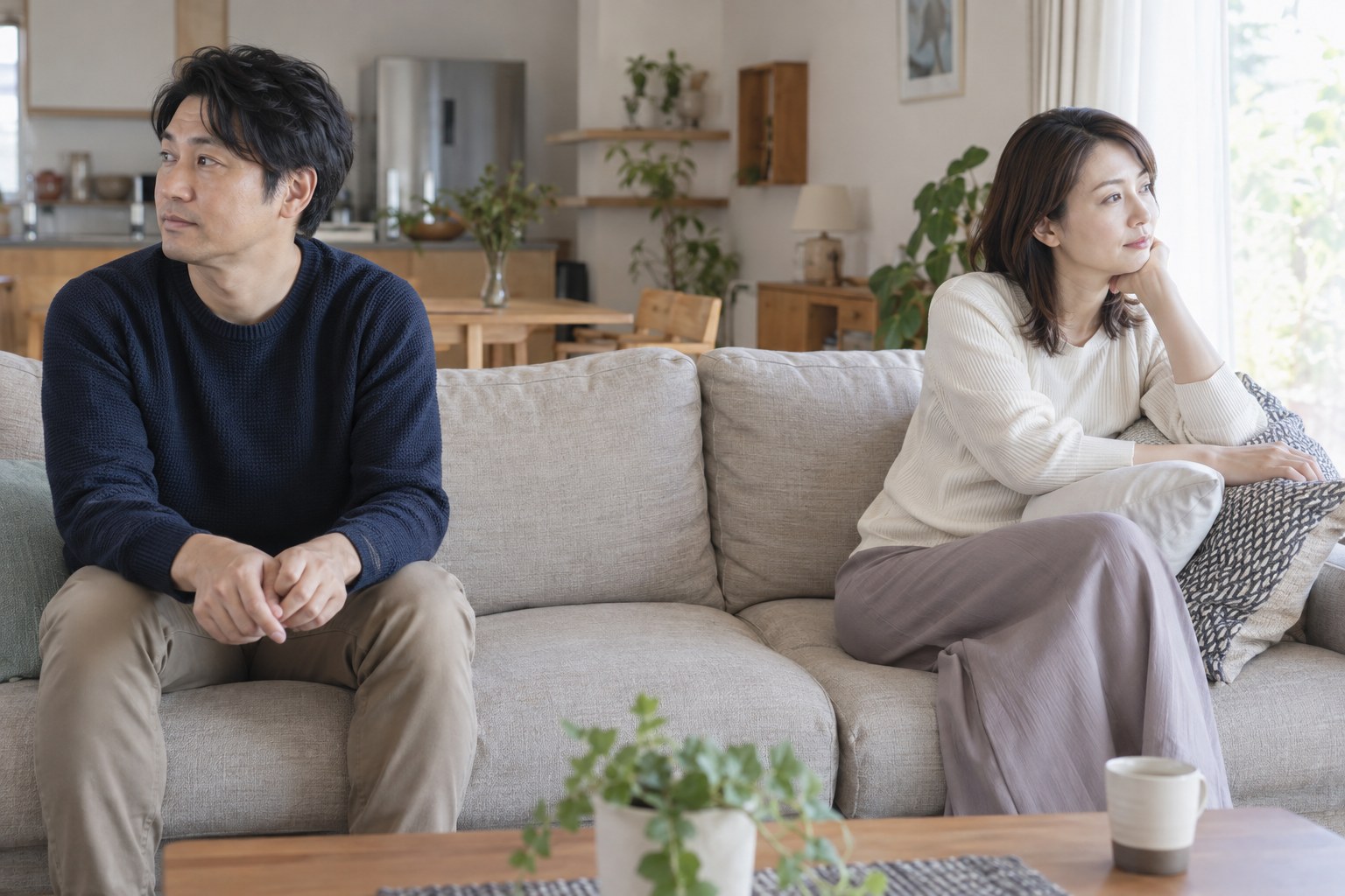 明るいリビングでそれぞれ考える時間を取る二人